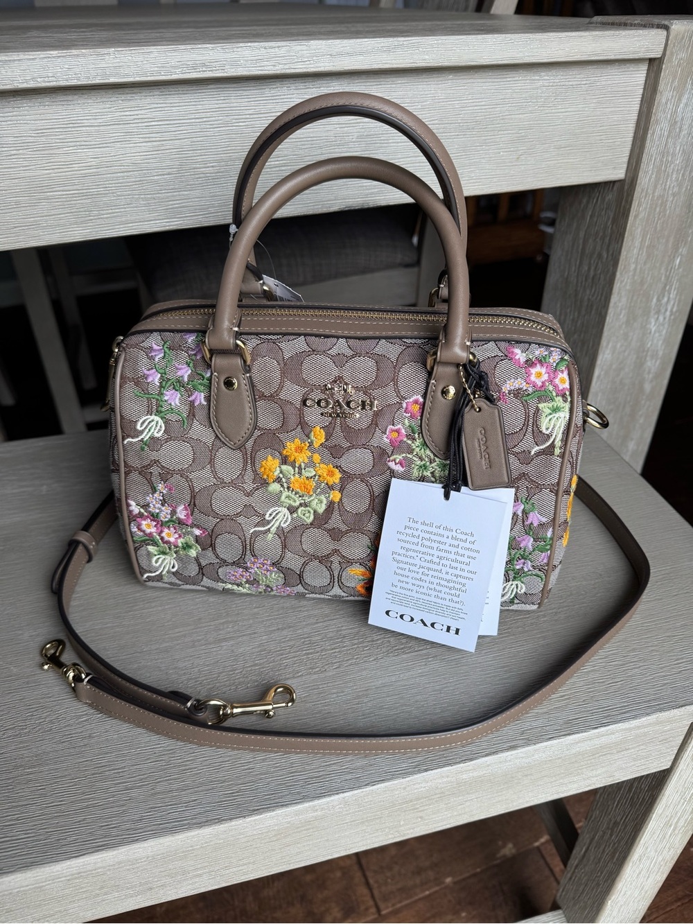 COACH Rowan Signature Jacquard Satchel Embroidered Floral & Taupe NWT